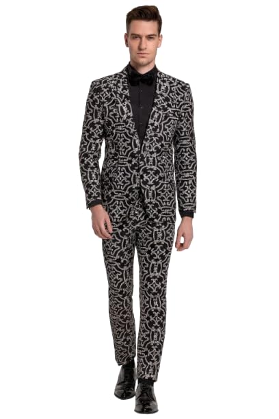 Men’s Black and Silver Sequin Tuxedo – Slim Fit 2-Piece Party and Wedding Suit with Sparkling Design