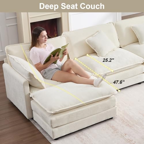 70" Modular Sectional Sofa, Modern L Shaped Sectionals Cloud Couch, Comfy Love seat with Ottoman Set, 3 Seater Chenille Sectional Sofa with Deep Seat and 4 Pillows for Small Spaces- Beige - Image 6
