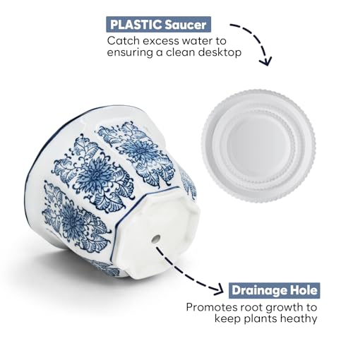 Ceramic Pots for Plants, Chinoiserie Décor Ceramic Flower Pots Planters for Indoor Plants with Drainage, Blue and White, Set of 3