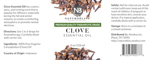 Image of NaturoBliss Clove Essential Oil 4 oz - 100% Pure Clove Bud Oil for Aromatherapy, Diffuser & Humidifier Use, Warm Spicy Scent for Home Fragrance, Large Amber Glass Bottle