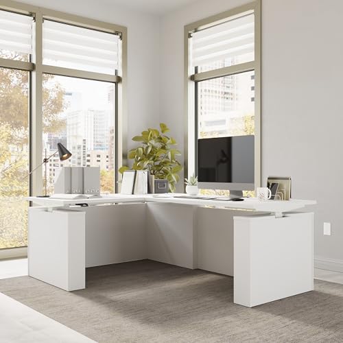 Image of Bush Business Furniture 60-inch Electric Height Adjustable L Shaped Standing Desk, Ergonomic Sit-Stand Computer Table for Office, Stratus Collection, White with White Base