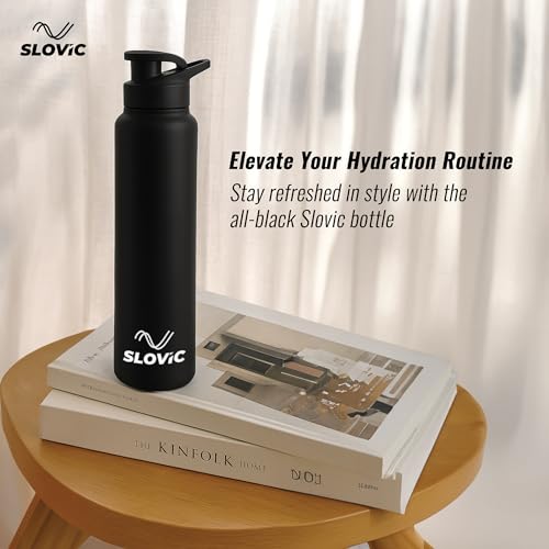 Image of SLOVIC Steel Water Bottle 1 Ltr | Fridge Water Bottle with Sipper Cap | 100% BPA Free & leak-Proof | Sipper Bottles for Adults | Ideal for School, Gym, Office, Travel | Black