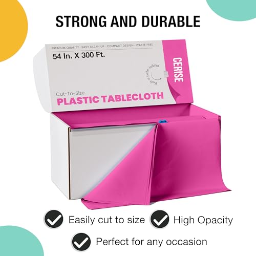 Image of Exquisite Party Solids 54 Inch X 300 Feet Cerise Plastic Table Cover Roll in A Cut - to - Size Box with Convenient Slide Cutter. Cuts Up to 36 Rectangle 8 Feet Plastic Disposable Tablecloths