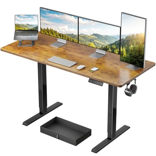 Marsail 55x24 Electric Standing Desk with Drawer, Computer Desk, Sit Stand Office Table with Storage & Hooks & Cable Management, Ergonomic Height Adjustable Table for Home Office, Brown