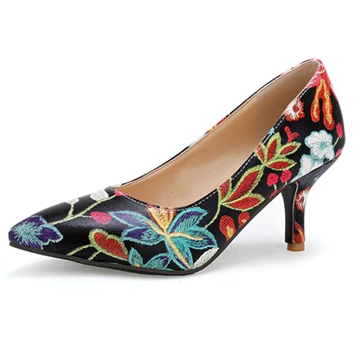 Women Embroidery Court Shoes Pointed Toe Stilettos