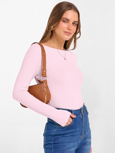 Image of ANRABESS Women's Boat Neck Long Sleeve Shirts Rib Knit Slim Fitting Tops Basic Tees 2026 Casual Comfy Fall Outfits Clothes