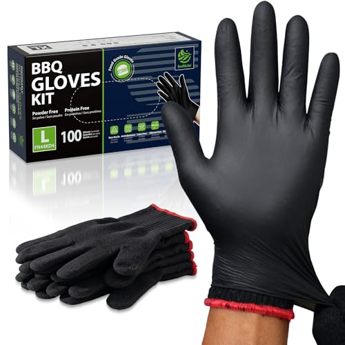 SWIFTLITE BBQ Gloves 6 Heat Resistant Cotton Liners + 100 Disposable Nitrile Gloves for Barbecue Grilling Cooking Smoker (Black Large)