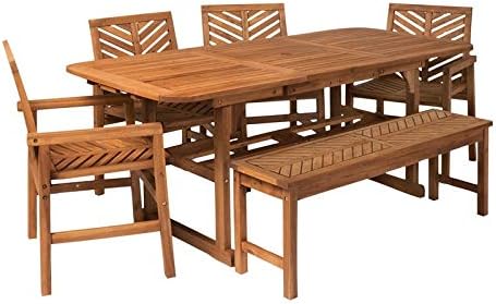 Walker Edison 7 Person Outdoor Wood Chevron Patio Furniture Dining Set Extendable Table Chairs Bench All Weather Backyard Conversation Garden Poolside Balcony, 6 Piece, Brown