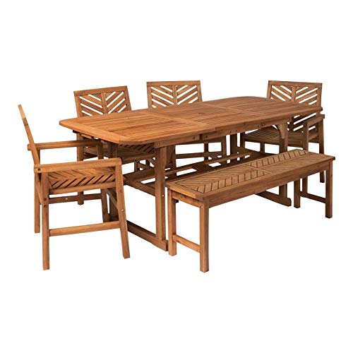 Walker Edison 7 Person Outdoor Wood Chevron Patio Furniture Dining Set Extendable Table Chairs Bench All Weather Backyard Conversation Garden Poolside Balcony, 6 Piece, Brown #TOP3