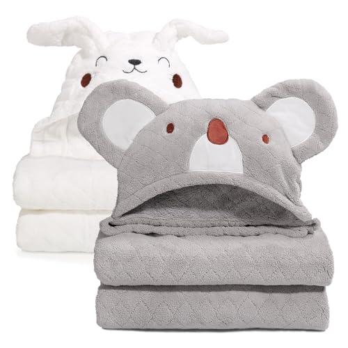 Image of WODHOY Toddler Towels for Boys & Girls 0-5 Years, 2-Pack Soft Absorbent Hooded Towel for Baby with, 50"x32" Large Luxuriously Thick and Plush toallas de baño para Bebe,White Rabbit & Grey Koala