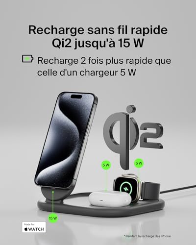Belkin BoostCharge Socle de Recharge 3-en-1 aimanté et Pliable Qi2, 15 W, Compatible MagSafe, pour iPhone 17, iPhone Air, Pixelsnap, Apple Watch, AirPods, Adaptateur Secteur Inclus - Noir