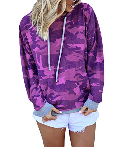 Eledobby Sudaderas con Capucha de Camuflaje para Mujer con Cordón Sudadera de Manga Larga Sudadera con Capucha de Moda para Mujer Tops Casuales con Estilo Ropa Morado XL