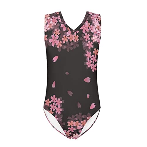 JEOCODY Cherry Blossom Girls Gymnastics Leotard Ballet Dance Swimwear One Piece Sleeveless Swimsuits Size for 3-14 Years