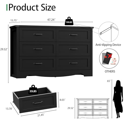 Image of Dresser for Bedroom with 6 Drawers, 48 inch Wide Wood Chest of Drawers with Deep Drawers & Mental Handle, Modern Dresser TV Stand, Wooden Closet Storage Organizer for Living Room, Hallway, Entryway, Black
