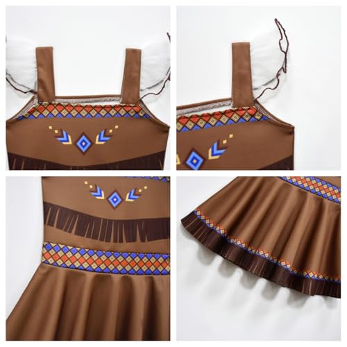 Native Style Girls Dress Brown Pattern Printed Flutter Square Neck Flounce Hem Casual Party Dress3