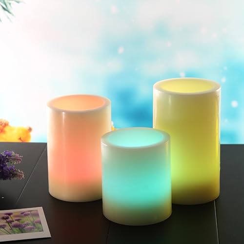 Image of CANDLE CHOICE Battery Operated Color Changing Flameless Candles with Remote Timer Real Wax Realistic Flickering Electric Multicolor LED Pillars Lights for Home Wedding Christmas Decorations 3 Pack