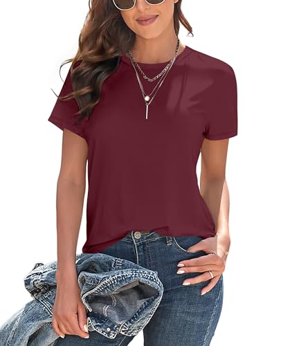 DUOEASE Haut Femme à Manche Courte Basique Tee Shirt Femme col Rond Top Femme Chic et élégant Bordeaux-XL