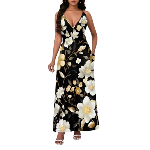 Image of Women Spaghetti Strap Maxi Dress with Pockets | Soft fabric relaxed fit sleeveless v neck with pockets for party and daily wear