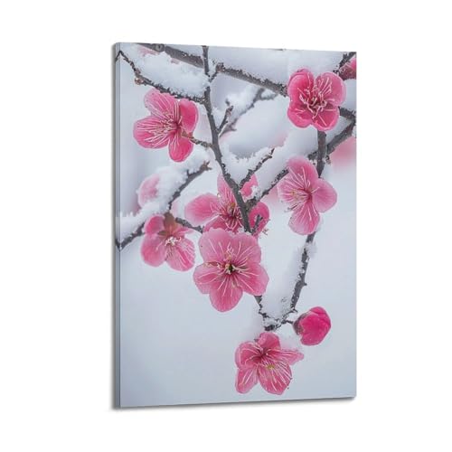 Poster moderne paysage fleurs de prunier roses sous la neige avec cadre jiduhon 40x60cm