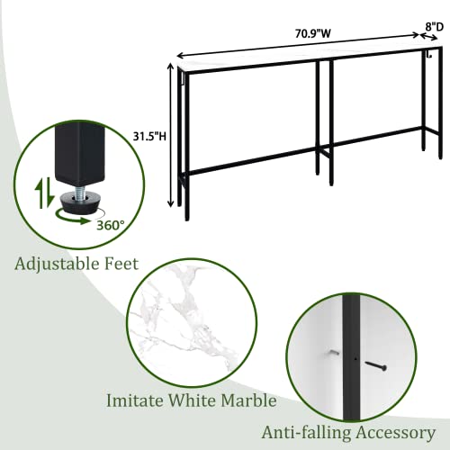 Leomonio 7.9" Narrow Sofa Table, 60" Long Console Table Behind Couch, Skinny Table With Detachable Hooks For Entryway, Hallway And Living Room, Faux White Marble #TOP2