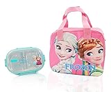 Finex Frozen Princess Anna and Elsa Pink Zippered Insulated Lunch Bag + Blue Stainless Steel Compartment Bento Box Set for kids school picnic
