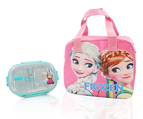 Finex Frozen Princess Pink Zippered Insulated Food Bag + Light Blue Stainless Steel Compartment Bento Food Container Box with Clear Lid set for picnic by Finex - Used condition - US$20.64