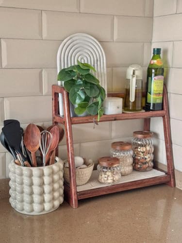 Image of Wooden Multipurpose 2 Tier Shelf Kitchen Rack, Solid Wood Grocery Coutertop Spice Rack, Sugar Containers, Jars, Bottles, Utensils Organiser Holder for Kitchen Countertop (Brown)