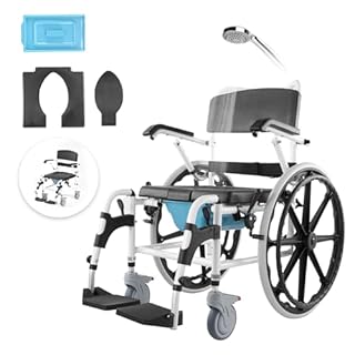 VEVOR Shower Wheelchair, 17.5in Width Aluminum Alloy Bathroom Wheelchair for Inside Shower, Adjustable Rolling Shower Chair w/Brake for Disabled Adult, 300 lbs Capacity Shower Commode Transport Chair