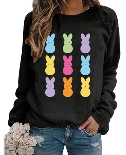 Muhuyi Easter Bunny Sweatshirt Women Long Sleeve Cute Rabbit Bunny Graphic Tees Happy Easter Pullover Tops(Black M)