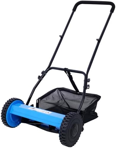 LuckyNote 14-Inch 5-Blade Push Reel Lawn Mower with Grass Catcher This Mechanical Lawn Mower Offers an Adjustable Blade Height of 0.6”-1.8” (Blue Color)