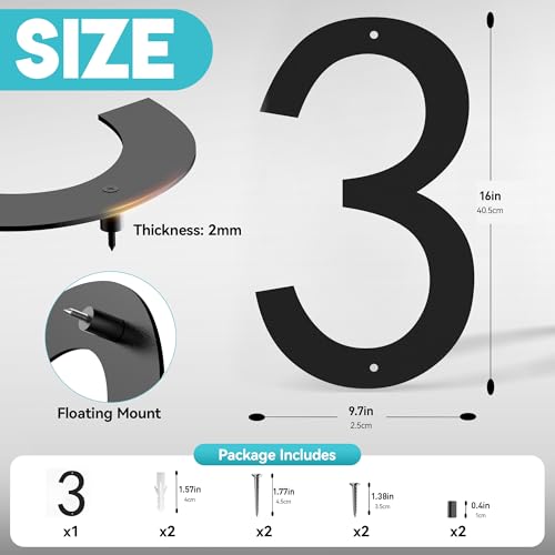 16 Inch Large Modern House Numbers for Outside, Big Address Numbers for House, Extra Large Floating House Numbers, Large Outdoor House Numbers, Matte Black Steel 16'' Address Number 3 (0123456789) by AIYOTAR - Image 2