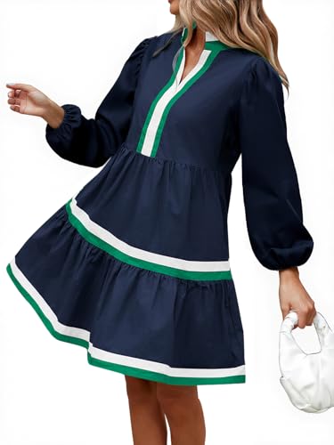 Womens Puff Long Sleeve Babydoll Dress V Neck Navy Blue Striped Color Block Tiered Mini Dresses