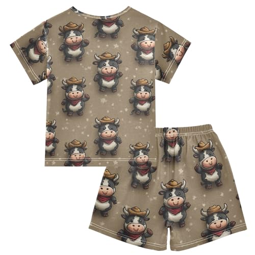 Pajama Short Sets Cow Pattern with Hats Soft Cotton Summer Sleepwear 2 Piece PJS Size 5-14T2