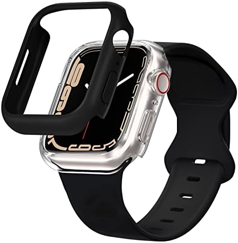[2Case+Band] DABAOZA Compatible for Apple Watch Band Series 7 with Case 41mm 45mm, Sport Silicone iWatch Band with Hard PC Bumper Women Men Clear Protective for iWatch Series 7