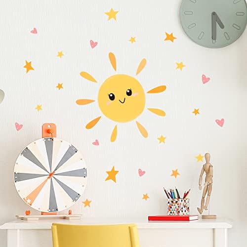 QANYUE Peel and Stick Boho Watercolor Sun Wall Decals, PVC Removable Sunrise Wall Stickers, Sunshine Wall Art for Kids Bedroom Nursery Playroom Decor, Sun Smiley Face and Star
