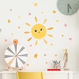QANYUE Peel and Stick Boho Watercolor Sun Wall Decals, PVC Removable Sunrise Wall Stickers, Sunshine