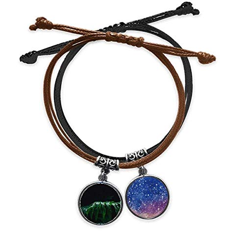 Pulsera de cuero con foto de planta y hojas naturales en un brazalete de cuerda hecho a mano