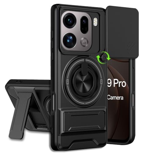 Image of Oppo Find X9 Pro 5G Back Cover | Armor Camera Slider 360 Degree Rotating Finger Ring Holder Case with Bracket Stand Back Case Cover (Compatible with MagSafe Accessories) (Black)