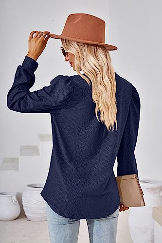 Women Tops Blouse Causal Shirts Puff Long Sleeve Tunic V Neck3