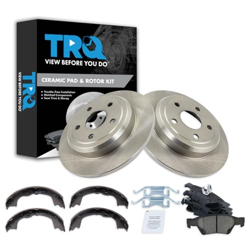 Image of TRQ Rear Brake Pad and Rotor Set Ceramic Solid Rotors Parking Shoe Compatible with 2011-2019 Dodge Durango Jeep Grand Cherokee