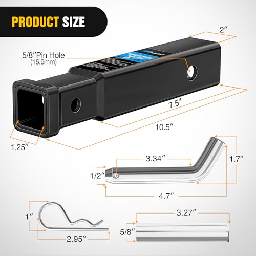 Image of Nilight Trailer Hitch Receiver Extender Adapter Reducer 2 to 1-1 /4 Inch Hitch Adapter 6-4 /5 inch Extension Sleeve Convertor 350Lbs with 1 /2-Inch Diameter Pin and Clip with 5 /8-Inch Adapter
