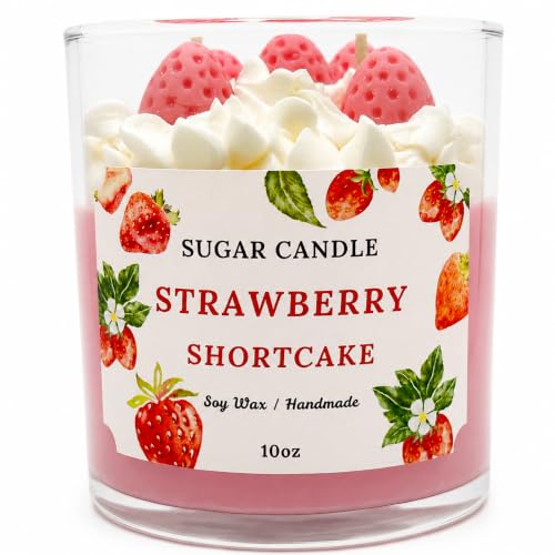 Sugar Candle Strawberry Shortcake Candle - 10oz Soy Scented Vegan Dessert Candles Non Toxic for Home Decor 50+ Hour Burn Time Made in The USA