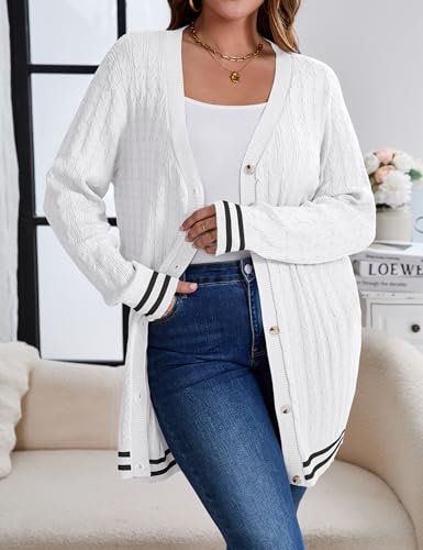 Women's Plus Size Button Down Cardigan Sweater Causal Open Front Loose Long Sleeve Crew Neck Knit Outwear2