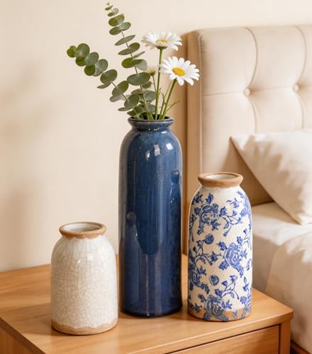 FancyPlus Vintage Ceramic Vase Set of 3, Blue and White Small Flower Vase Chinoiserie Rustic Modern Farmhouse Centerpiece Decorative Vases for Table Entryway Bookshelf Living Room Kitchen Home Decor