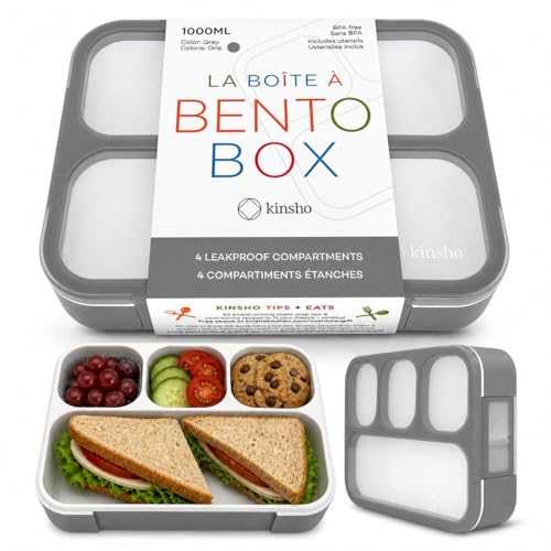Image of kinsho Bento Lunch Box Container for Kids Adults, Portion Control Meal Prep and Snack Containers, Japanese Style Boxes with 4 Compartments for Boys Teens, School Work and Travel BPA Free | Gray
