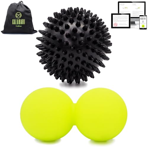 KALAHARI Bolas Masaje Muscolas, Pelota Doble y con Pinchos más Ebook ejercicios en Español – Pelotas Automasaje Miofascial para Trigger Point, Fascitis Plantar, Reflexología Podal – Massage Ball