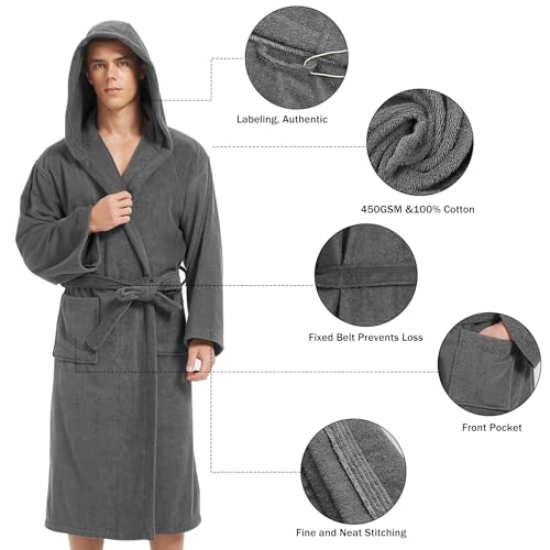 Image of Mens Robe with Hood-Classic Terry Cloth Bathrobe for Men,Soft Knee Length Bathrobes