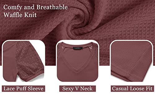 Merokeety Women's Summer Lace Puff Sleeve Shirt Tops Loose Fitting Trendy Ladies Tops Marron #TOP5