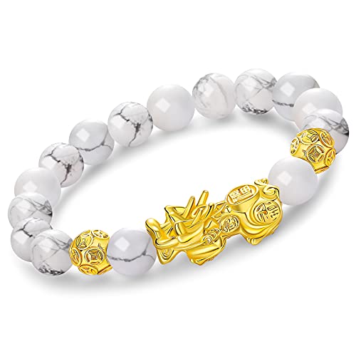 Homelavie Feng Shui Black Obsidian Wealth Bracelets Golden Pixiu Dragon Natural Stone Bracelet for Men Women Boy Girl Attract Wealth and Good Luck (Howlite)