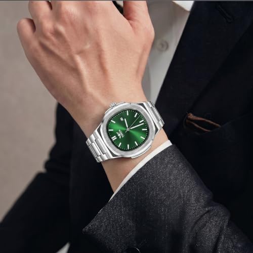 Image of Luxury Business Analog Quartz Watch for Men Sunburst Dial, Stainless Steel Strap, Date Display, Luminous Hands & Water Resistant (Green)